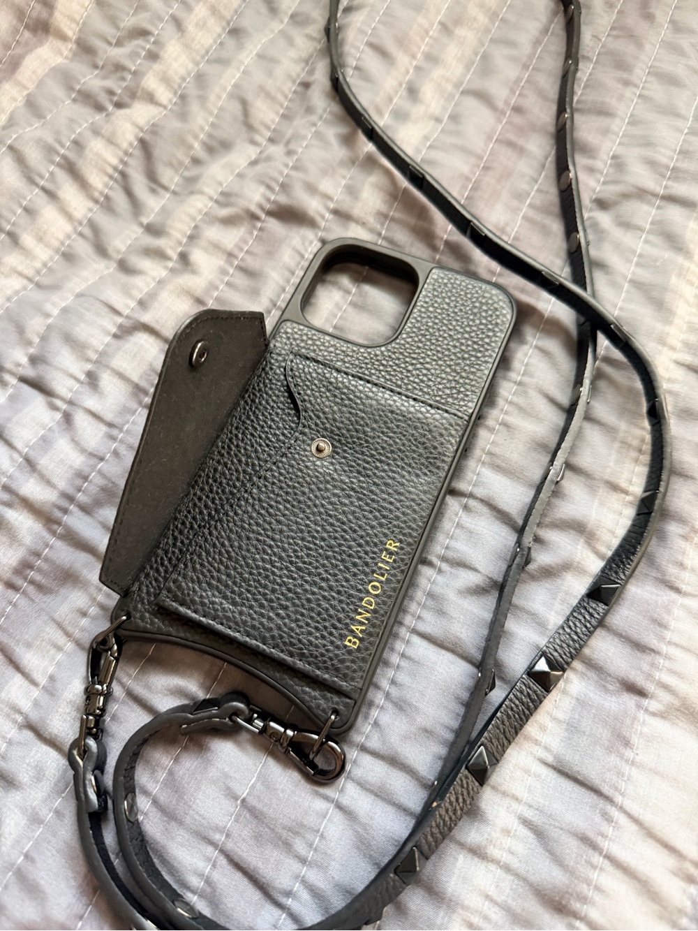 Bandolier Black Pebbled Leather Crossbody Phone Case with Gold Logo
